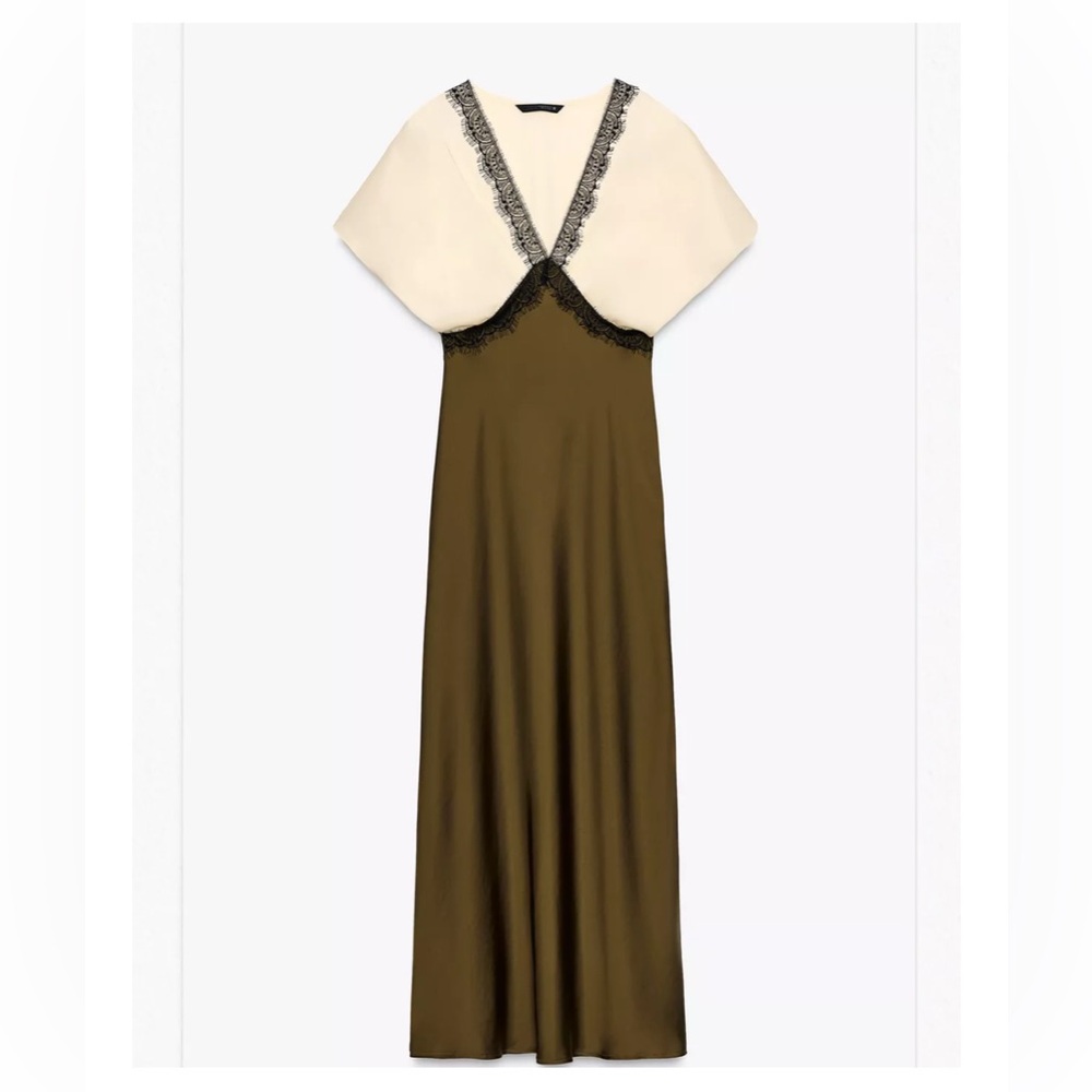 Zara CONTRAST LACE SATIN EFFECT MIDI DRESS - Picture 2 of 2
